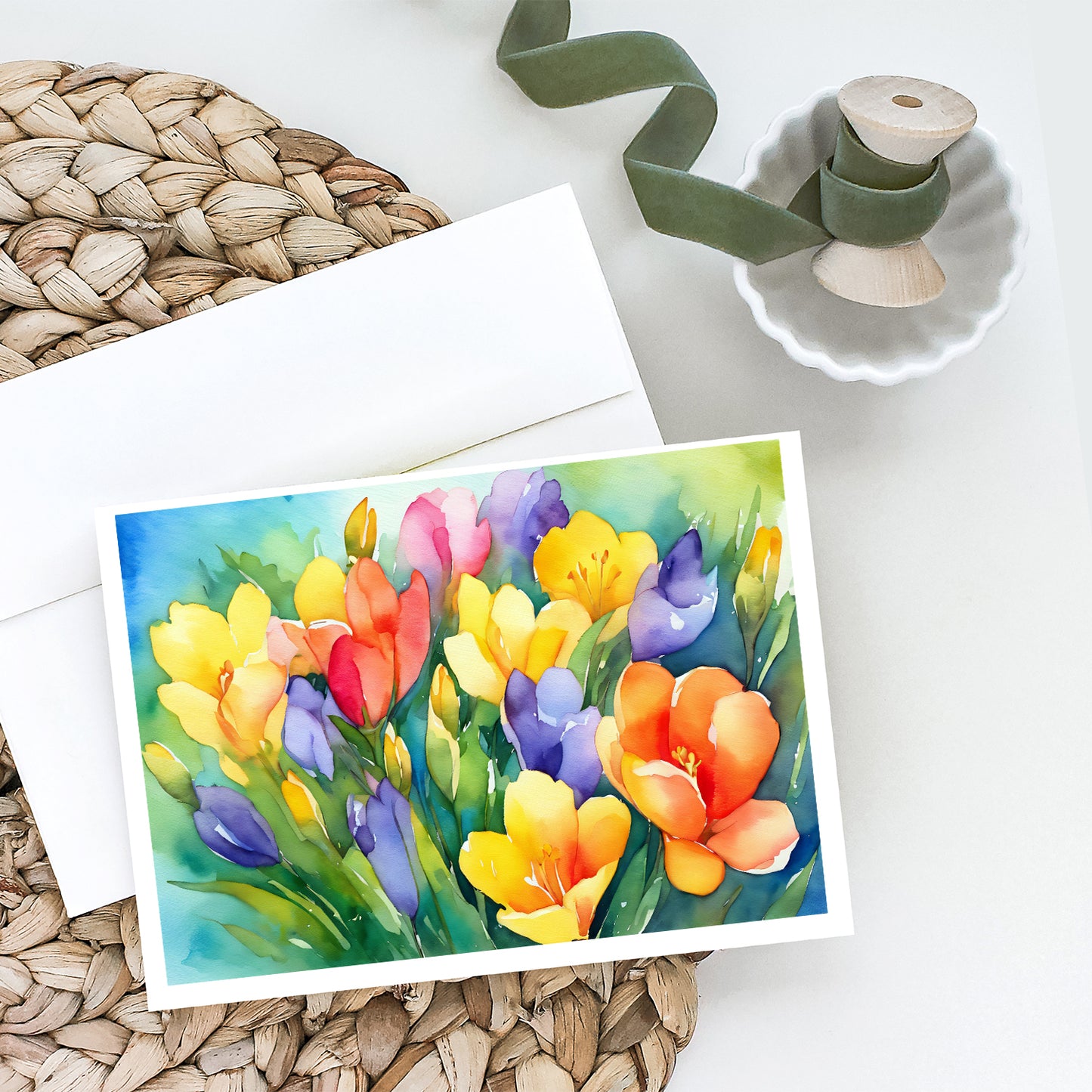 Freesias in Watercolor Greeting Cards Pack of 8