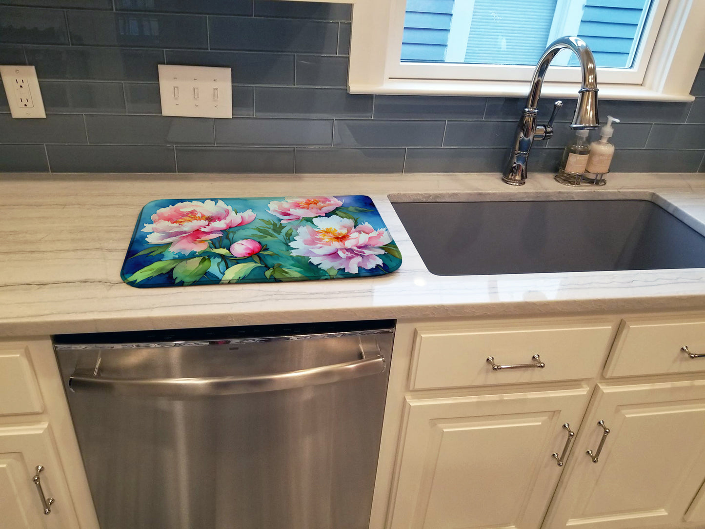 Peonies in Watercolor Dish Drying Mat