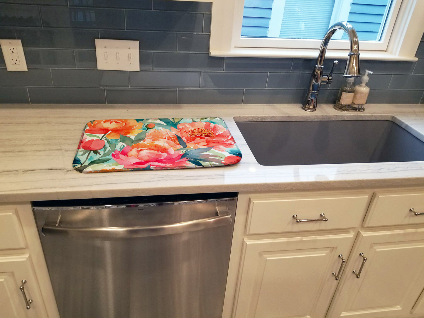 Peonies in Watercolor Dish Drying Mat