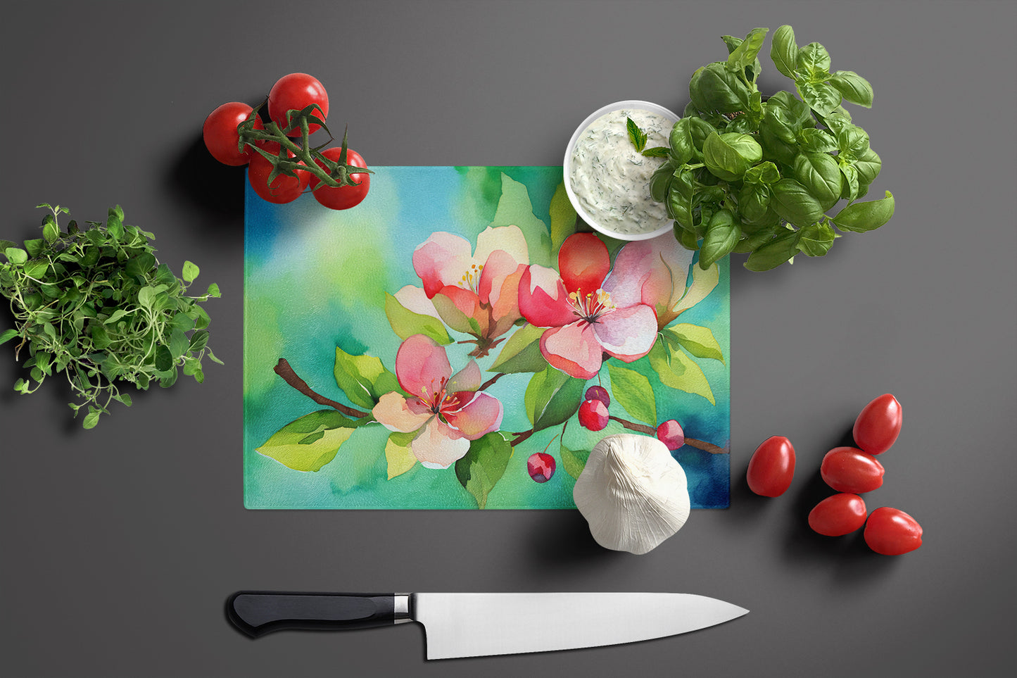 Arkansas Apple Blossom in Watercolor Glass Cutting Board