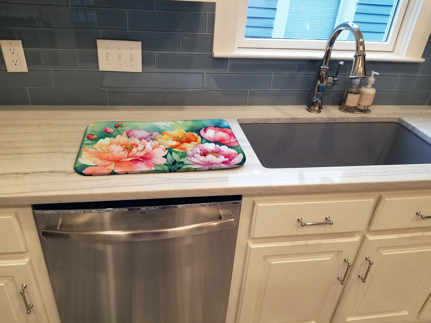 Indiana Peonies in Watercolor Dish Drying Mat