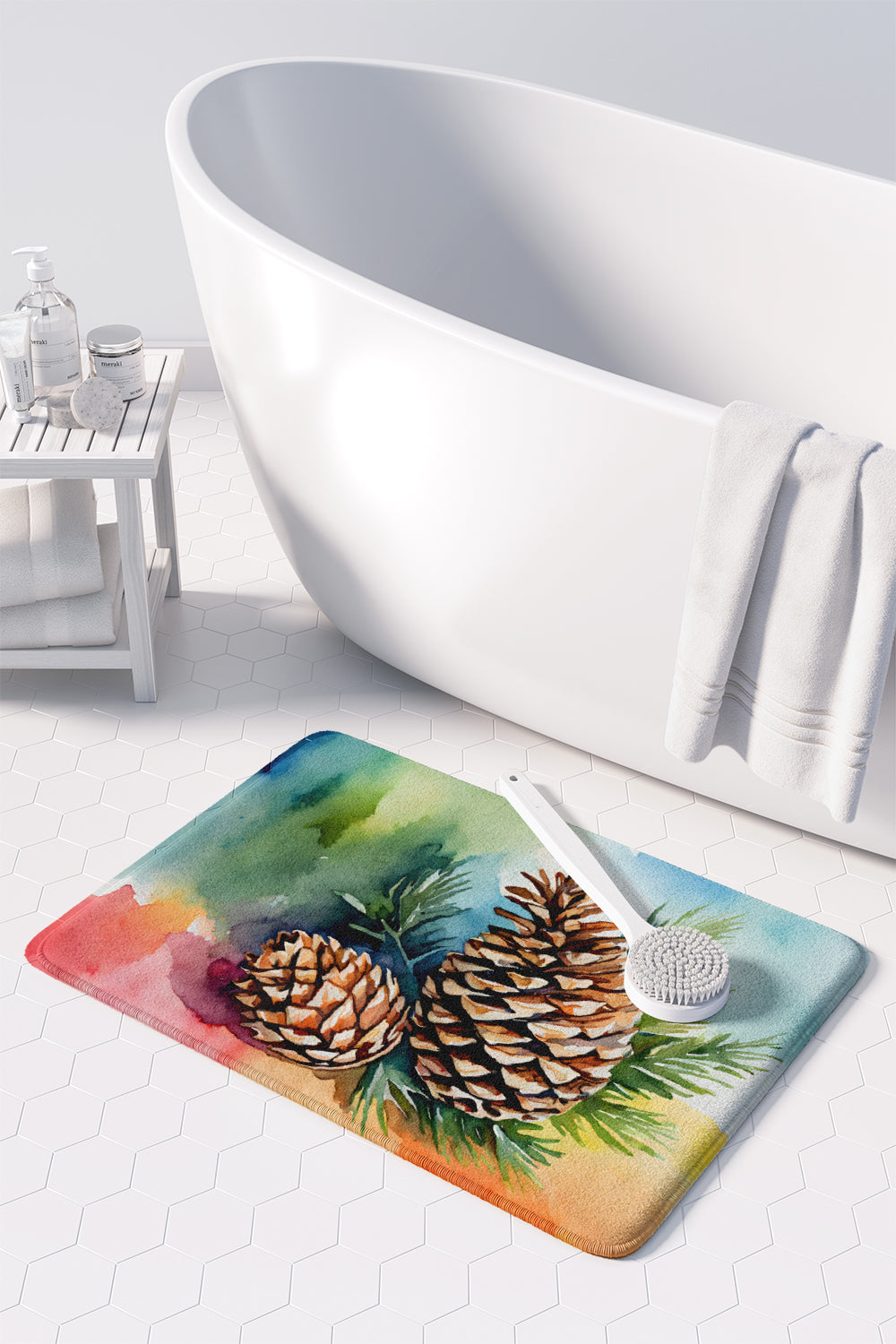 Maine White Pine Cone and Tassels in Watercolor Memory Foam Kitchen Mat