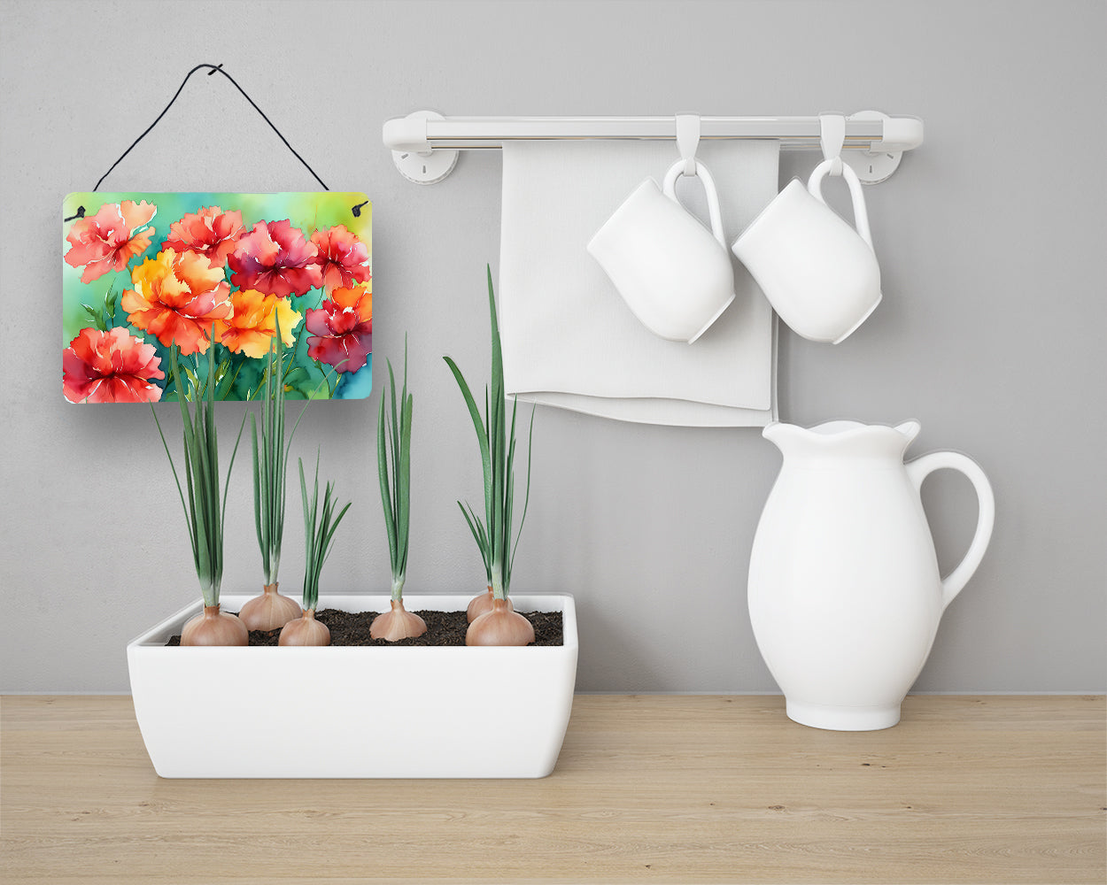 Ohio Scarlet Carnations in Watercolor Wall or Door Hanging Prints