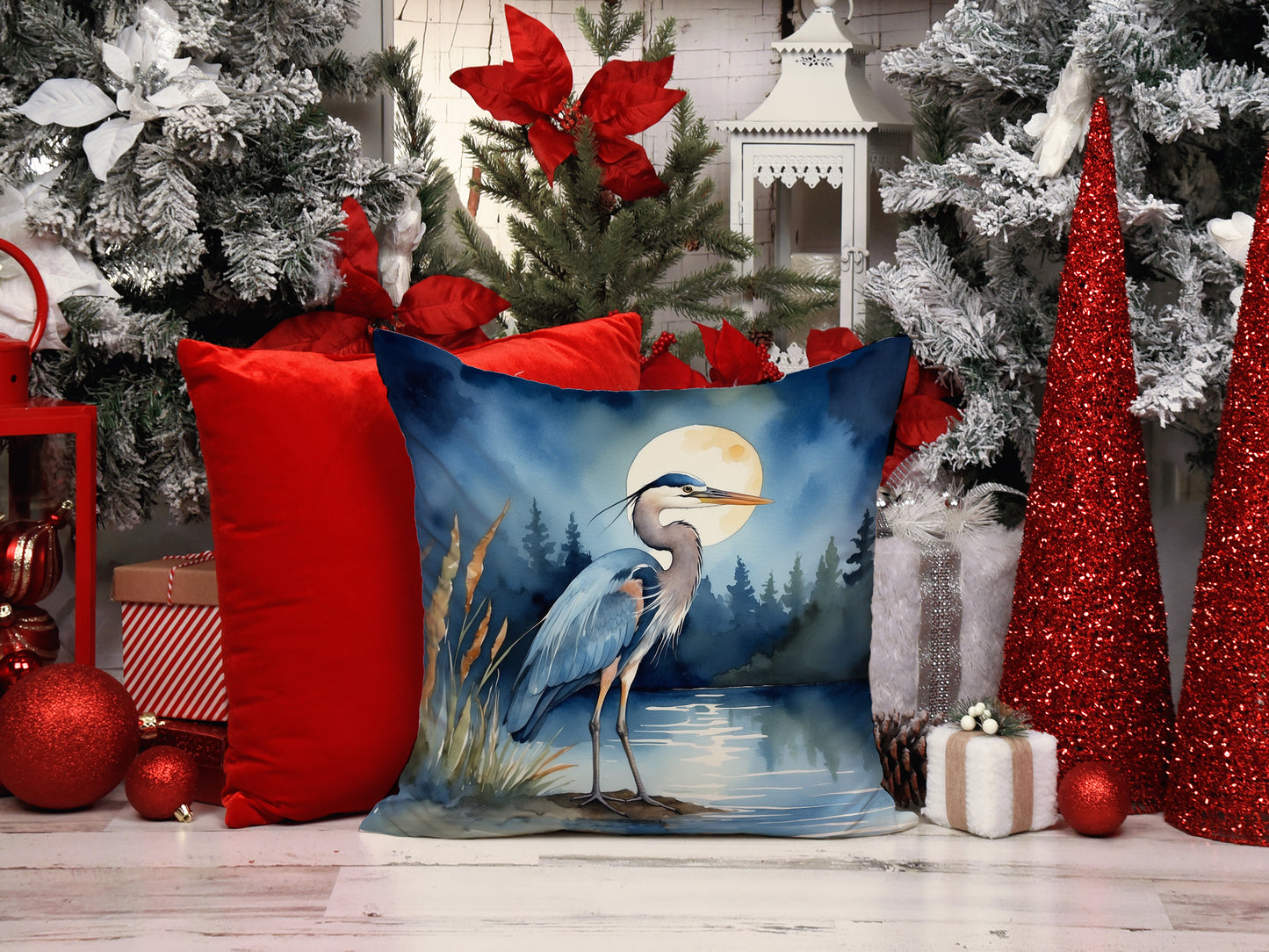 Blue Heron Under the Moonlight Throw Pillow