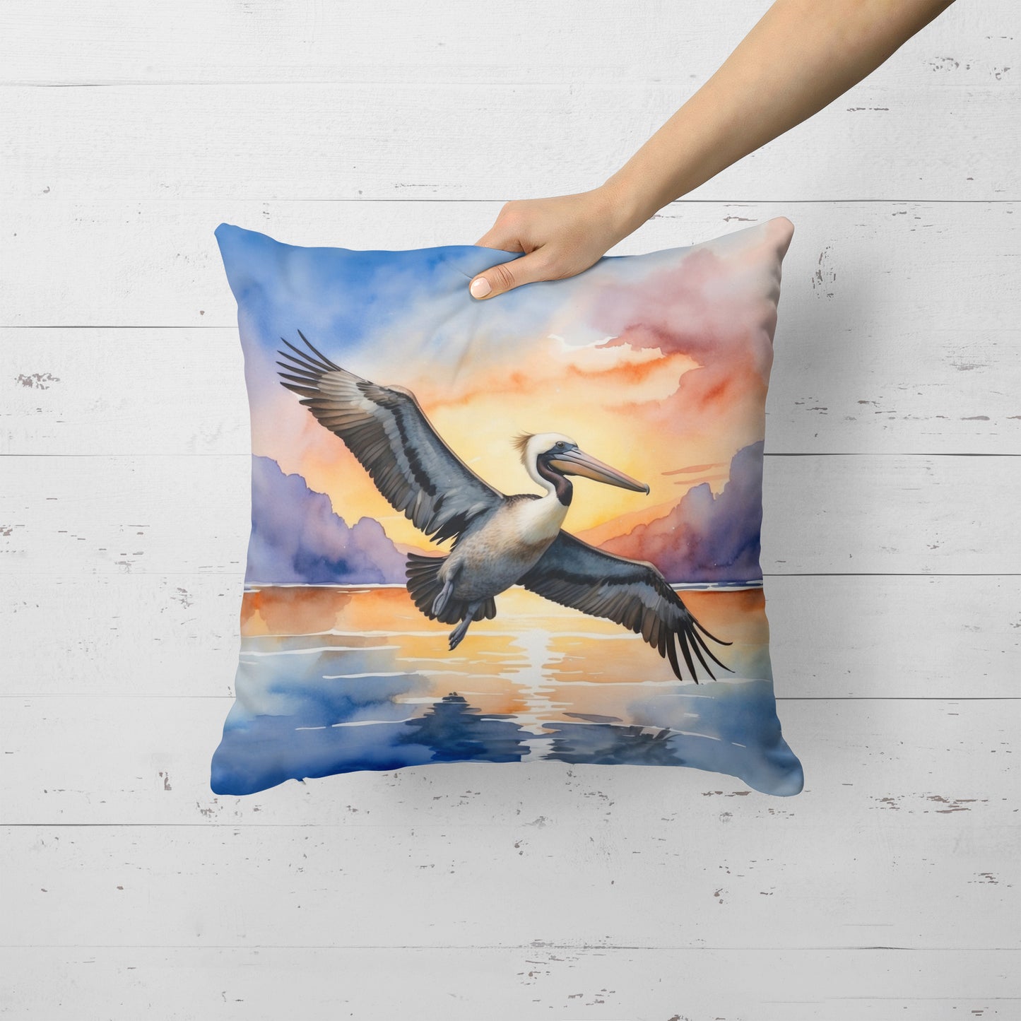 Pelican Fyling at Sunrise Throw Pillow