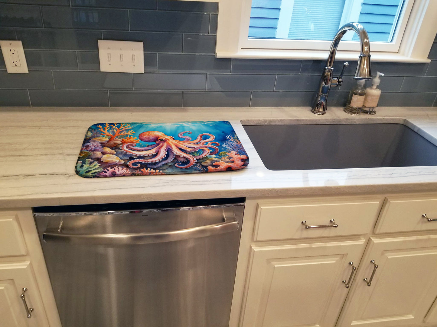 Octopus Among Coral Dish Drying Mat
