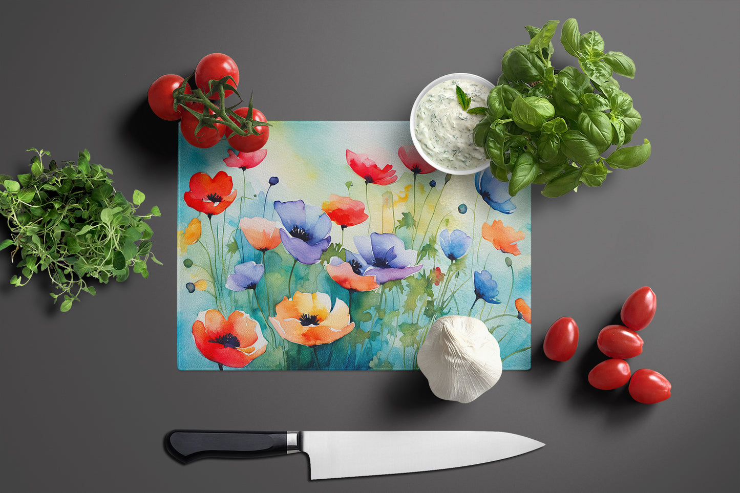 Anemones in Watercolor Glass Cutting Board