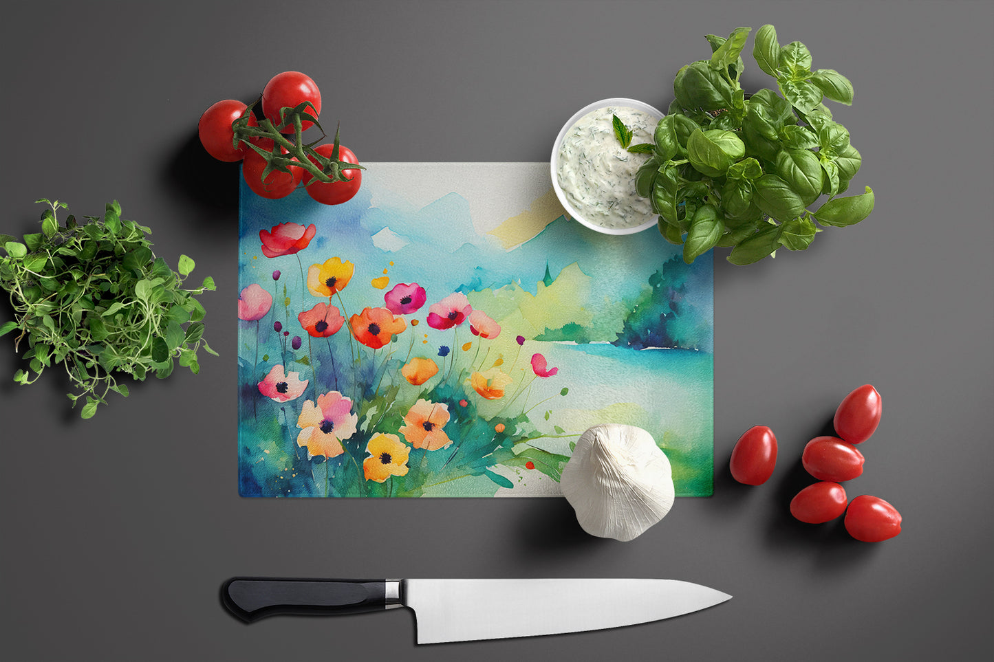 Anemones in Watercolor Glass Cutting Board