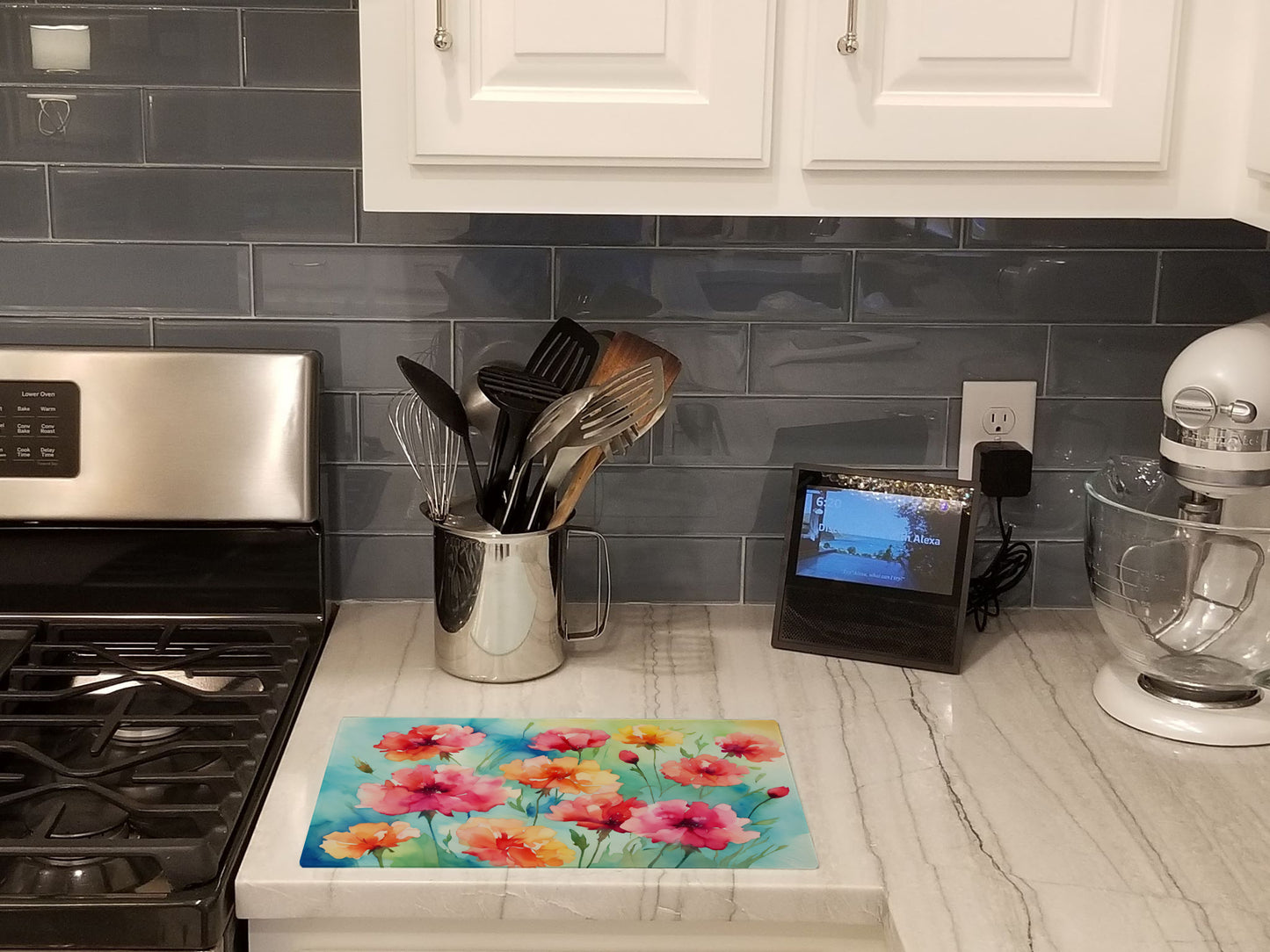 Carnations in Watercolor Glass Cutting Board