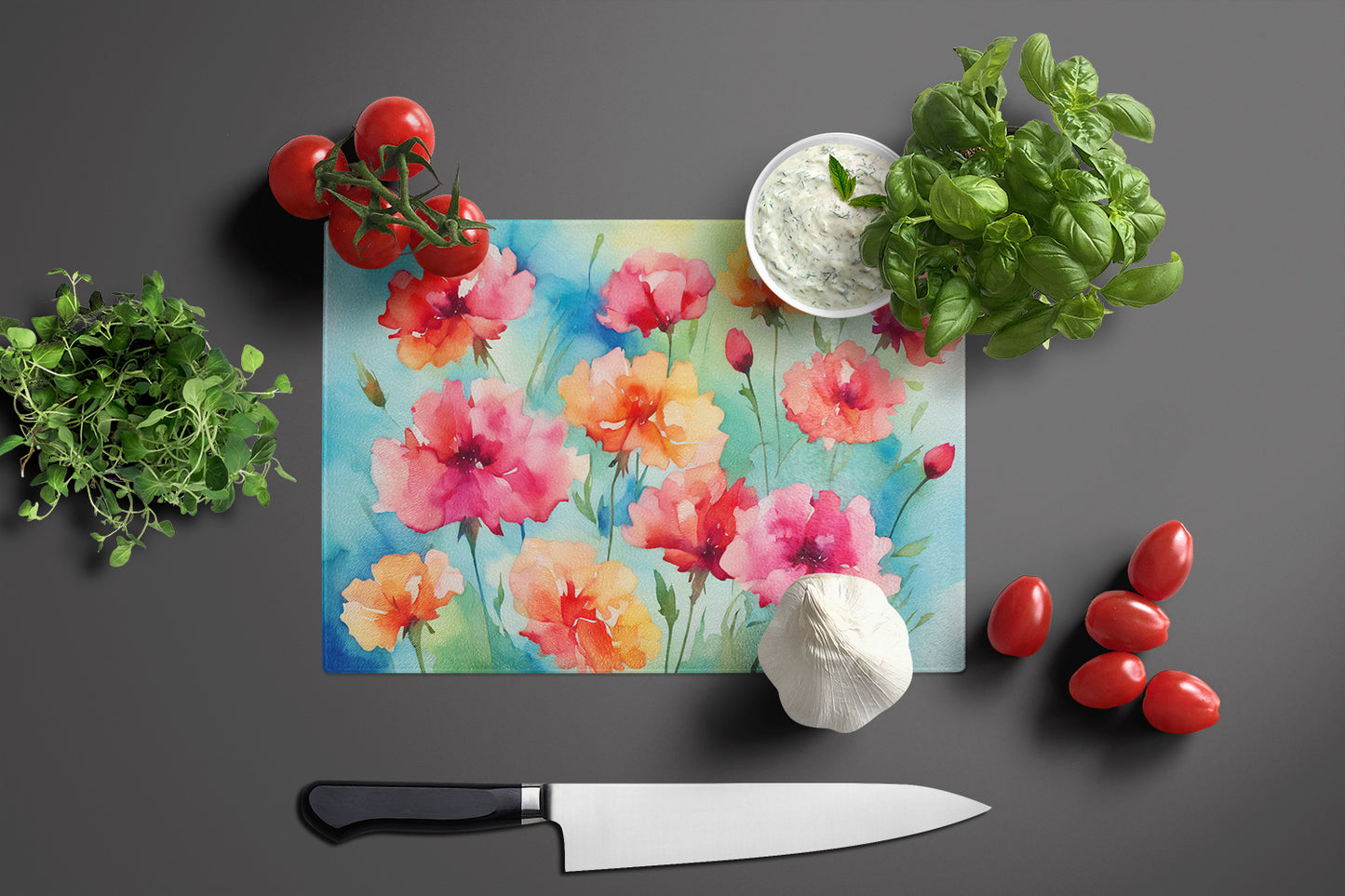 Carnations in Watercolor Glass Cutting Board