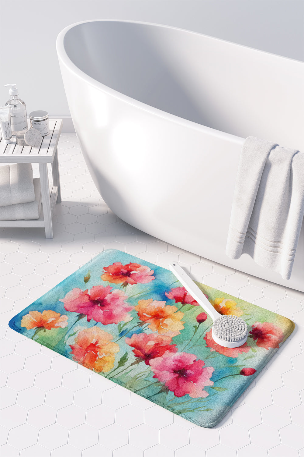 Carnations in Watercolor Memory Foam Kitchen Mat