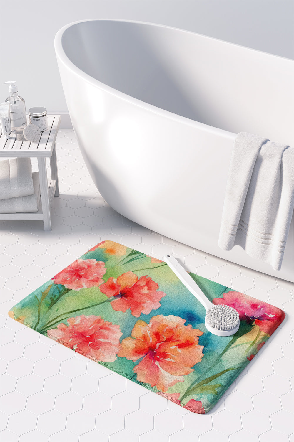 Carnations in Watercolor Memory Foam Kitchen Mat