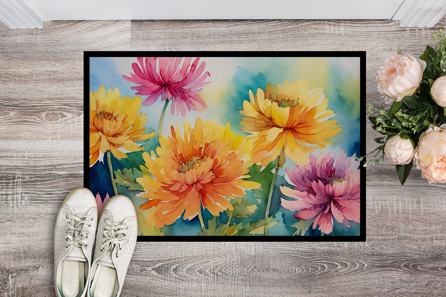 Chrysanthemums in Watercolor Doormat