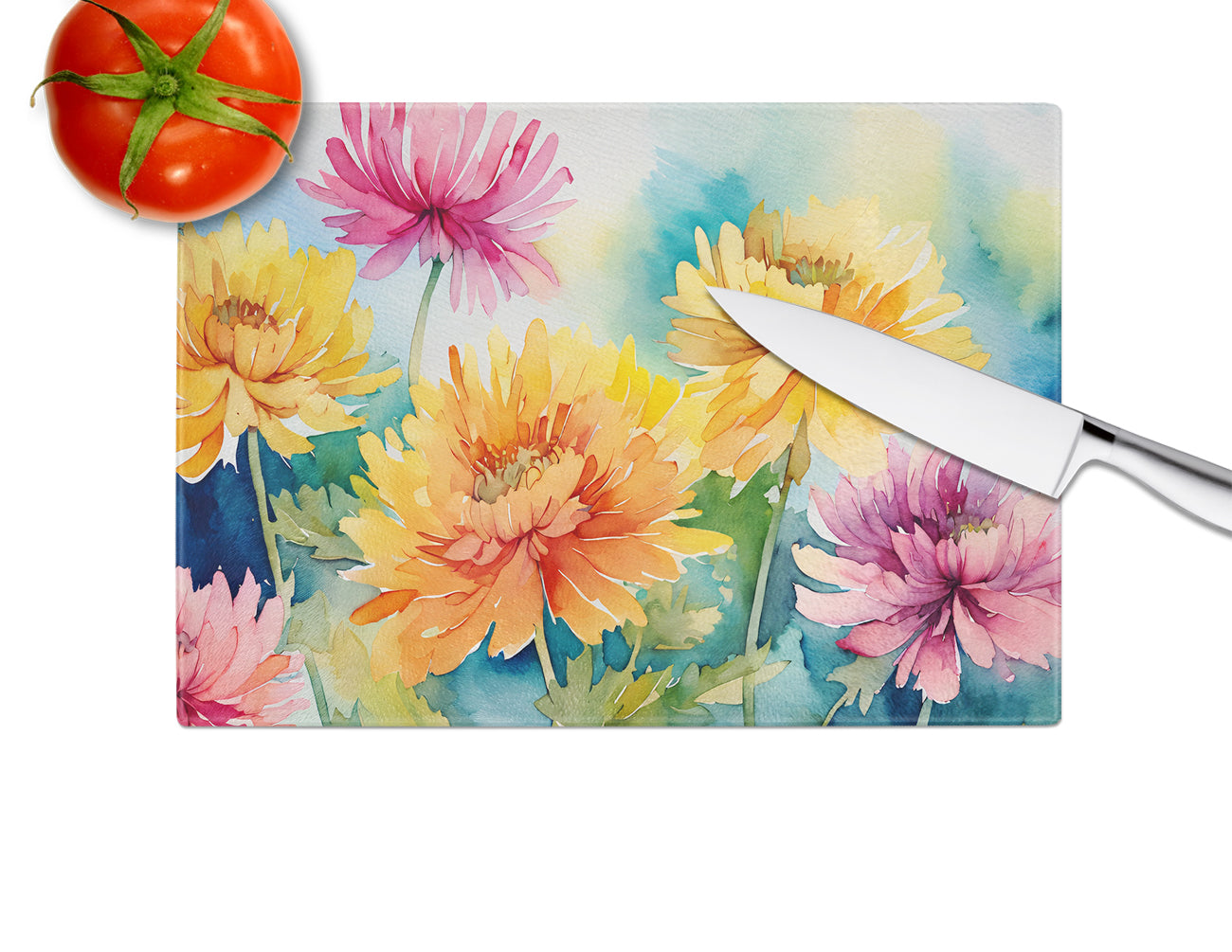 Chrysanthemums in Watercolor Glass Cutting Board