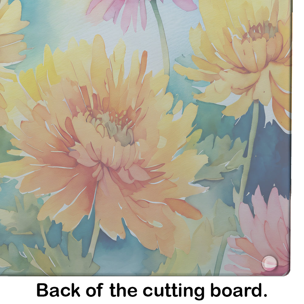 Chrysanthemums in Watercolor Glass Cutting Board