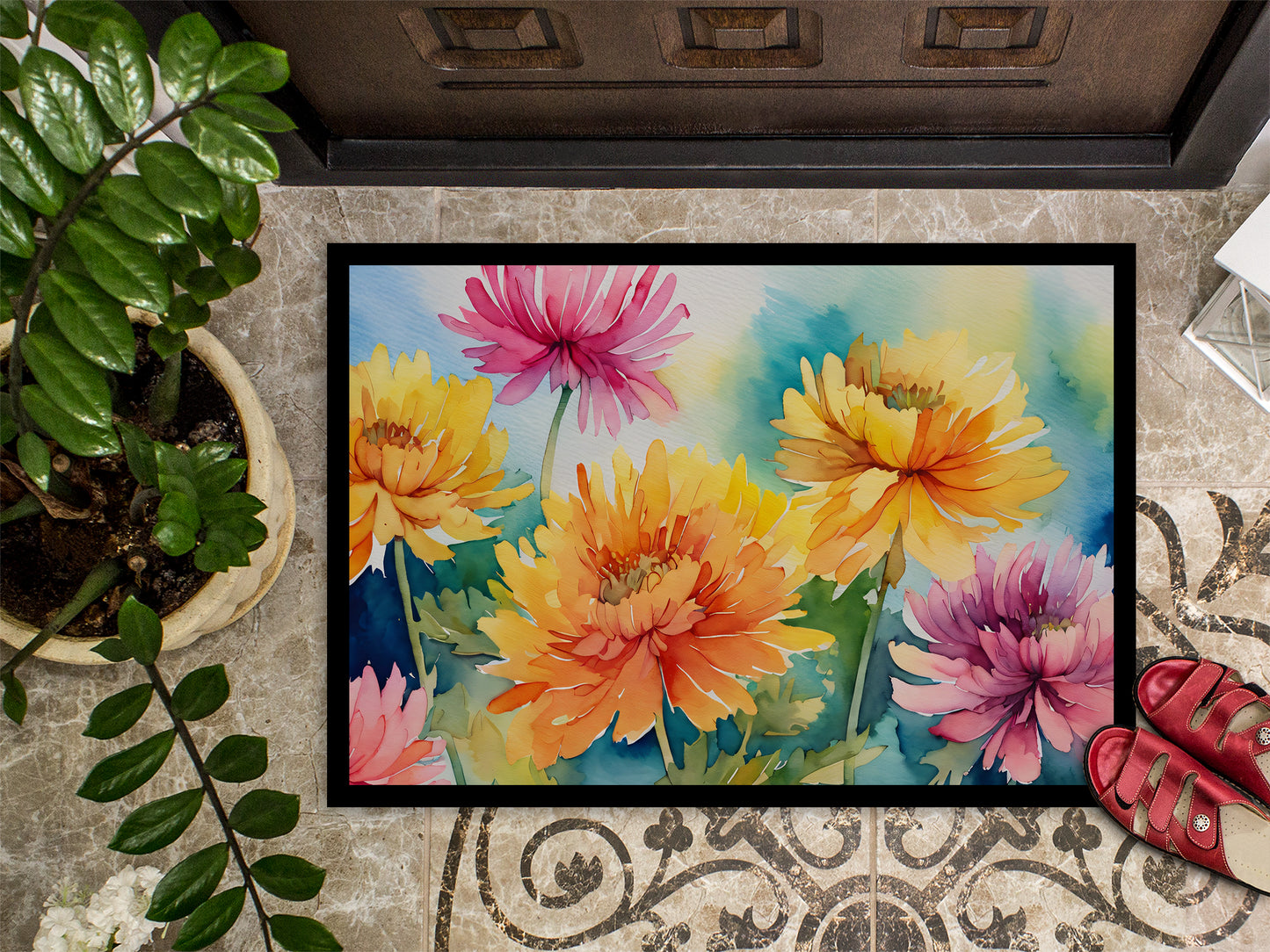 Chrysanthemums in Watercolor Doormat