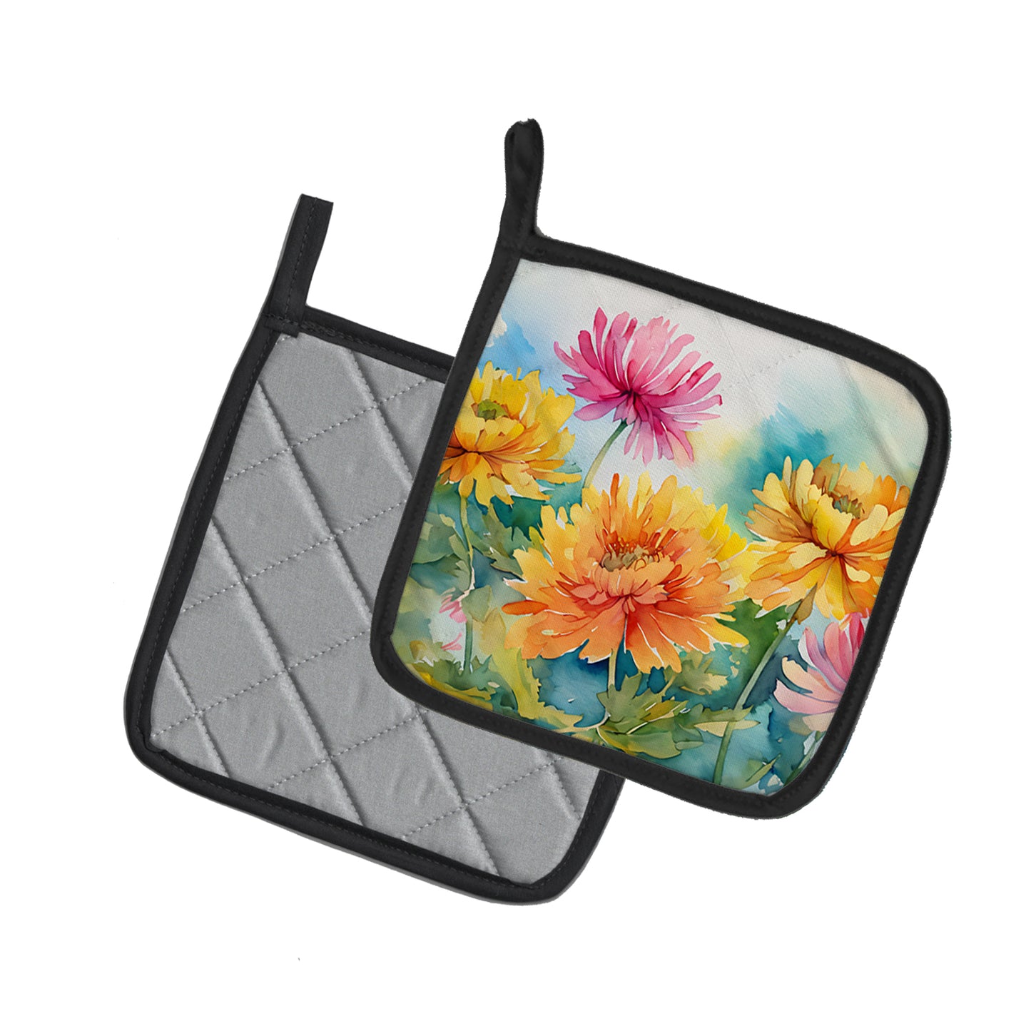 Chrysanthemums in Watercolor Pair of Pot Holders