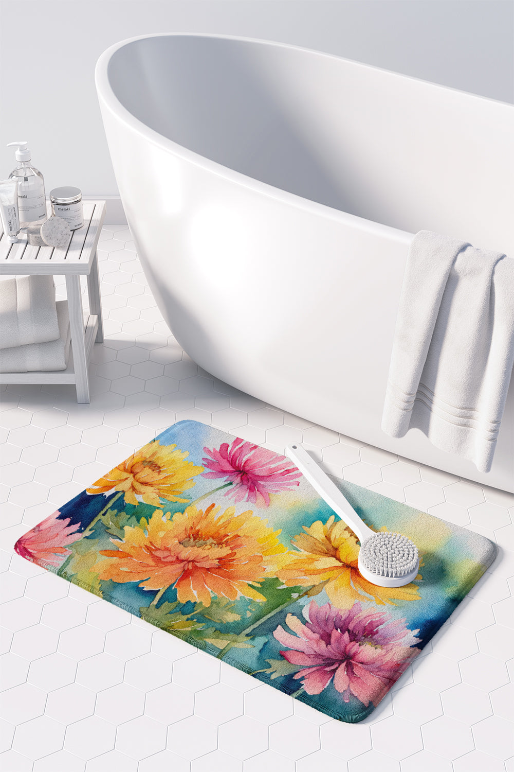 Chrysanthemums in Watercolor Memory Foam Kitchen Mat