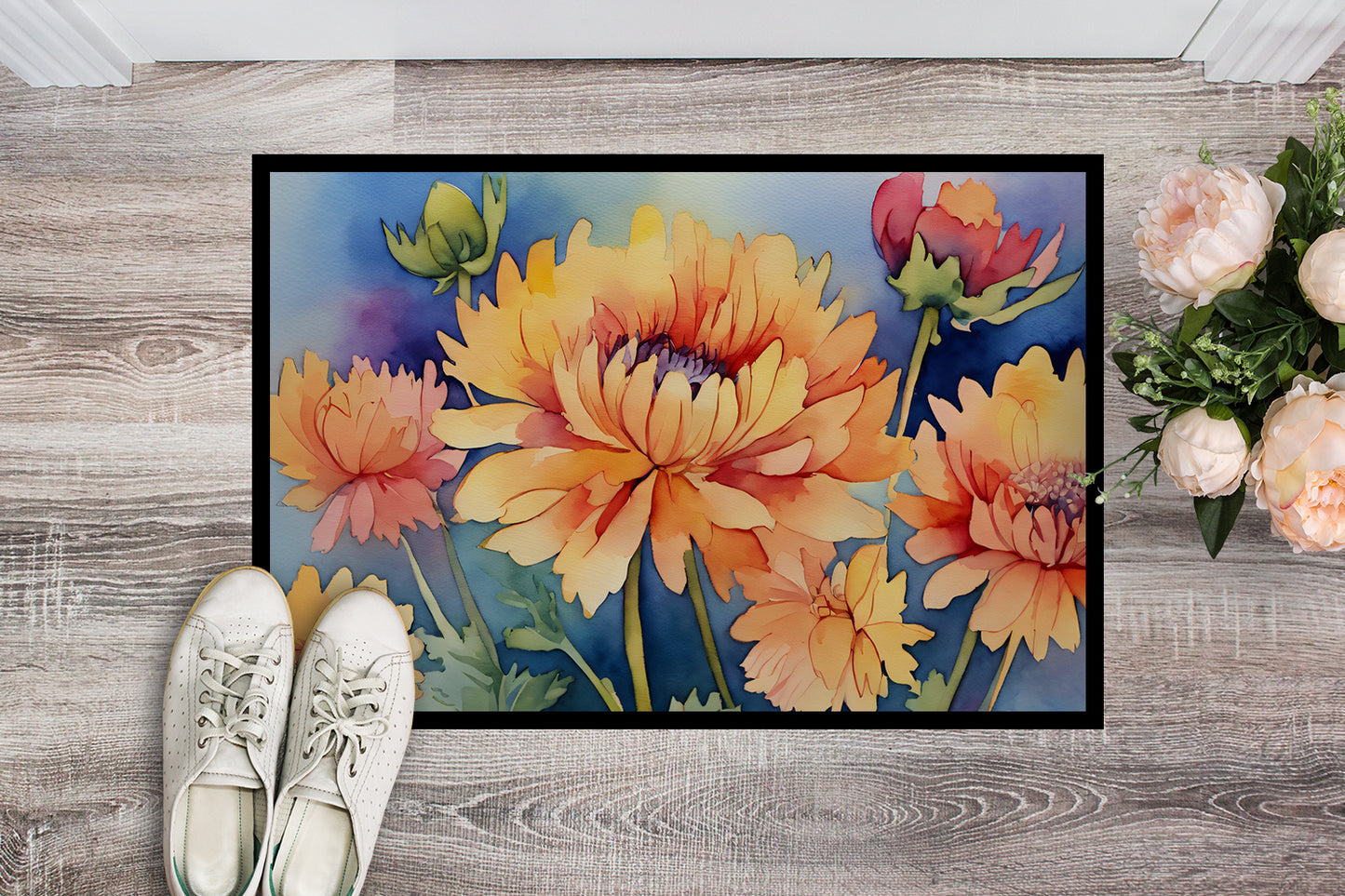 Chrysanthemums in Watercolor Doormat