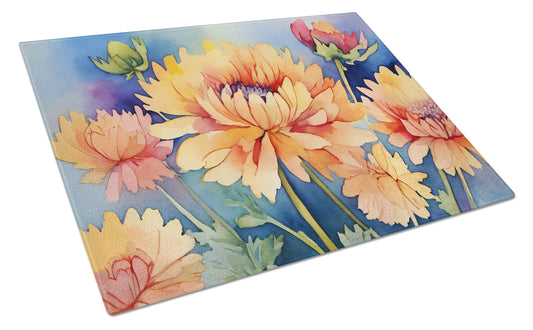 Buy this Chrysanthemums in Watercolor Glass Cutting Board