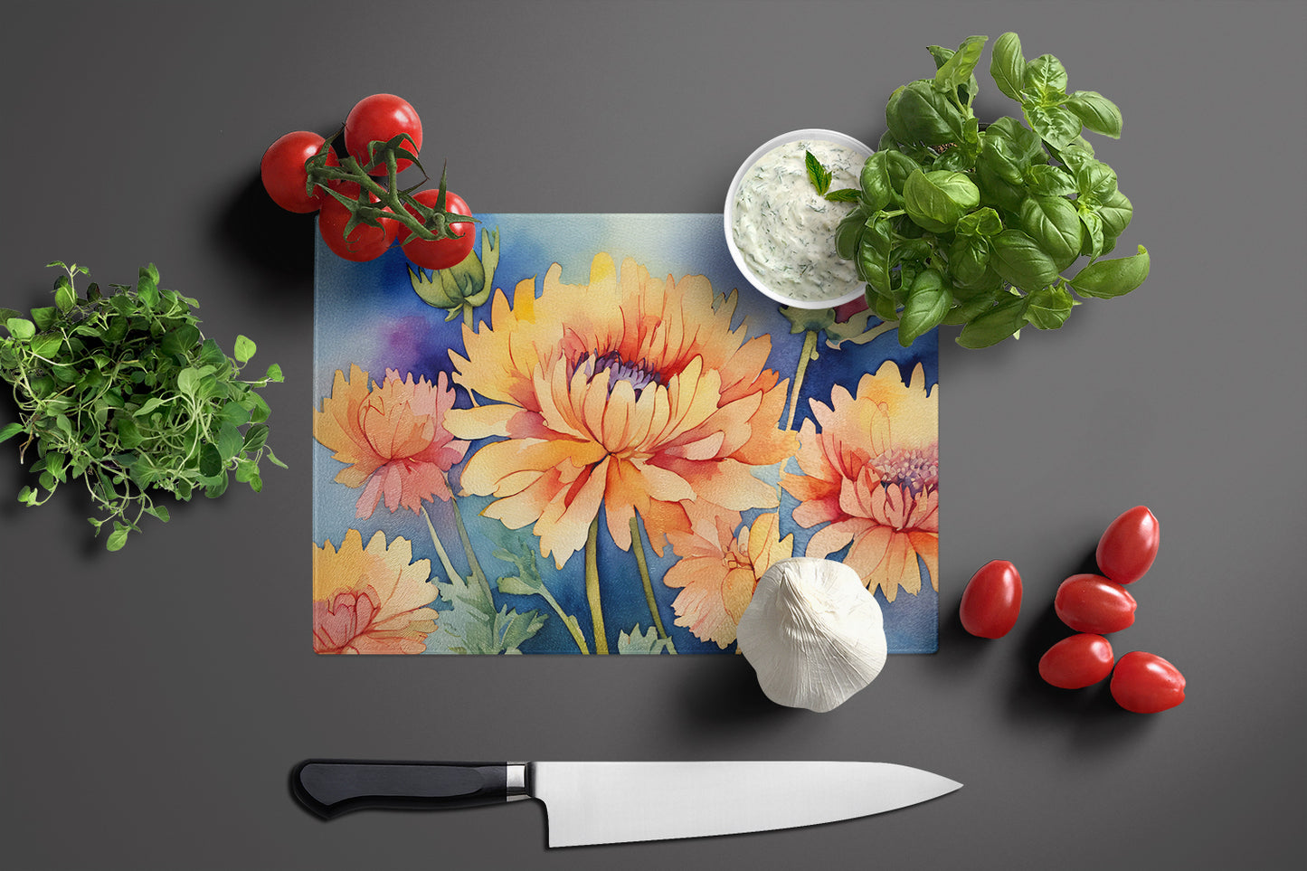 Chrysanthemums in Watercolor Glass Cutting Board