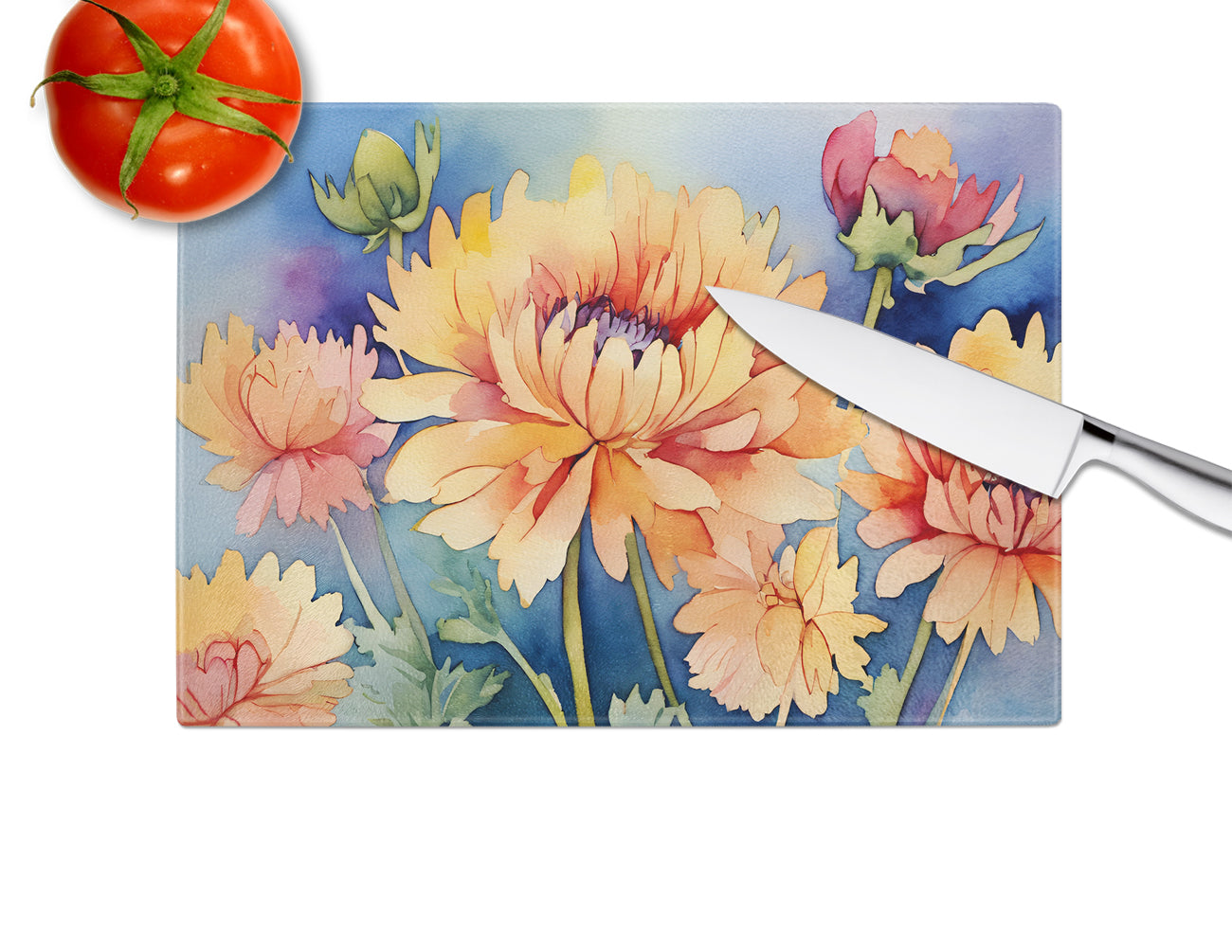 Chrysanthemums in Watercolor Glass Cutting Board