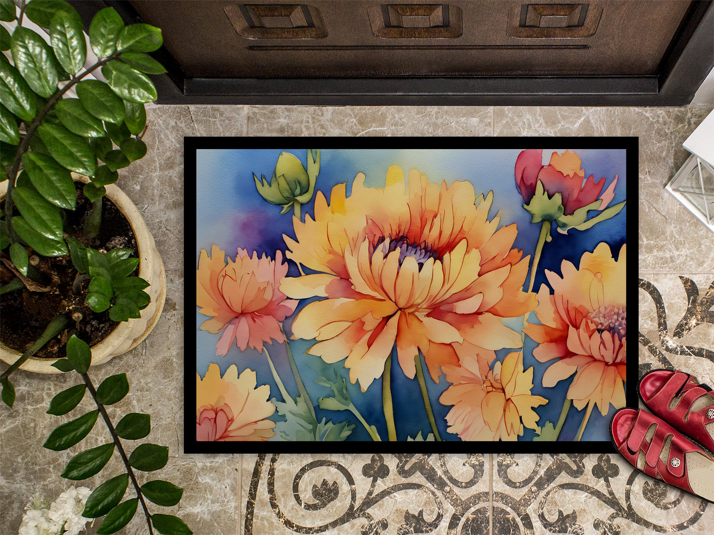 Chrysanthemums in Watercolor Doormat