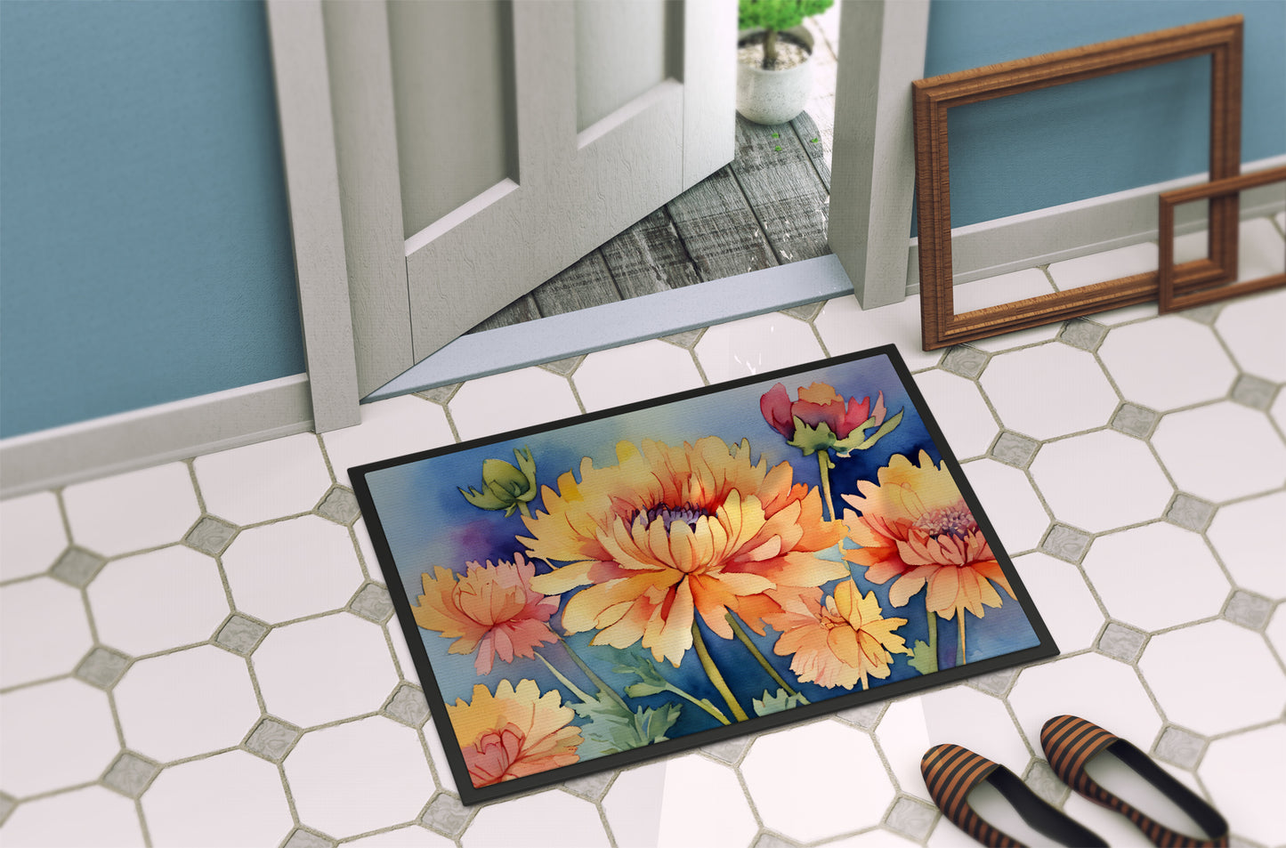 Chrysanthemums in Watercolor Doormat