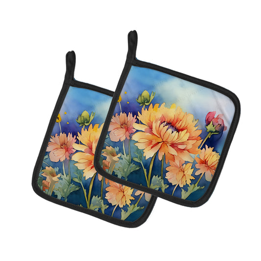 Buy this Chrysanthemums in Watercolor Pair of Pot Holders