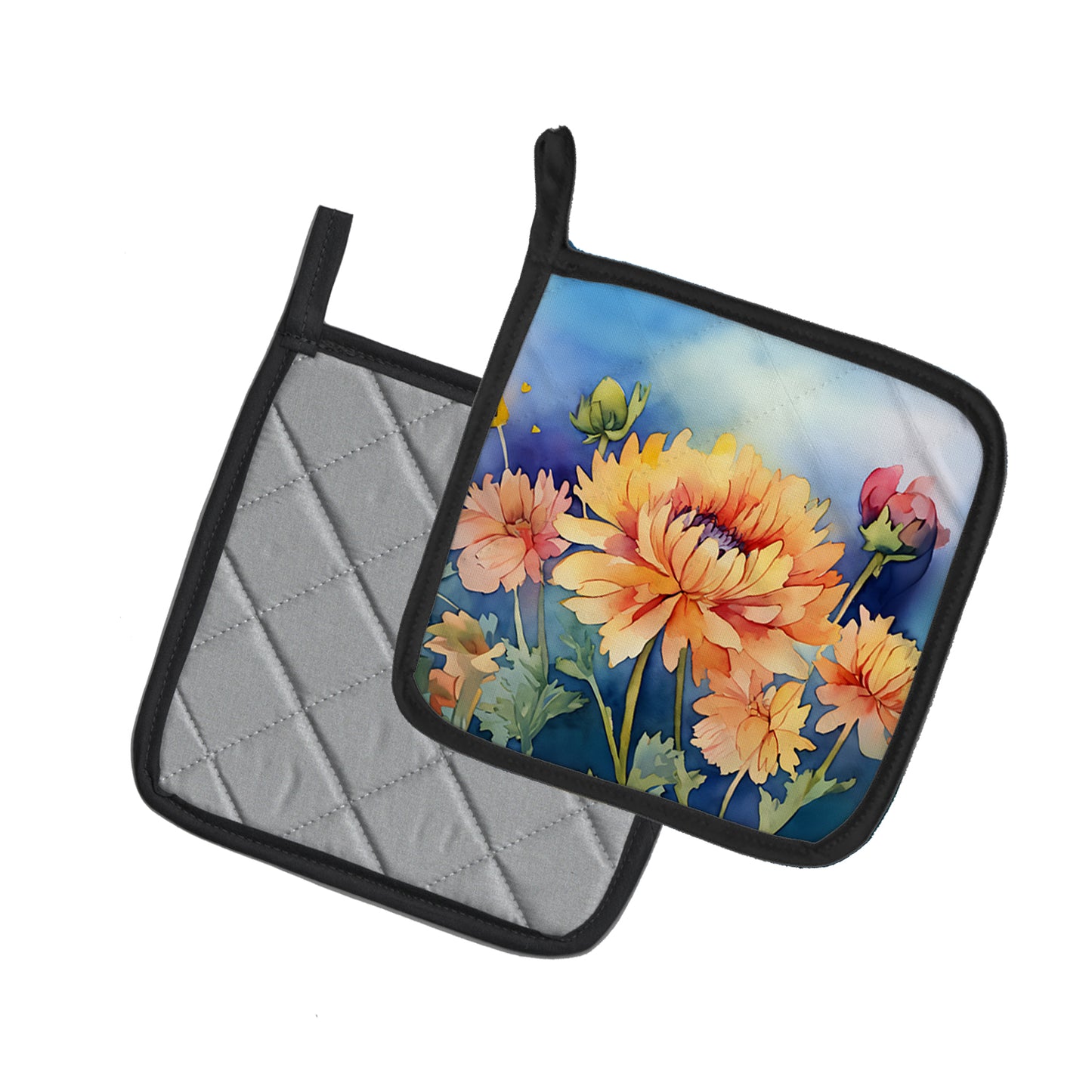 Chrysanthemums in Watercolor Pair of Pot Holders