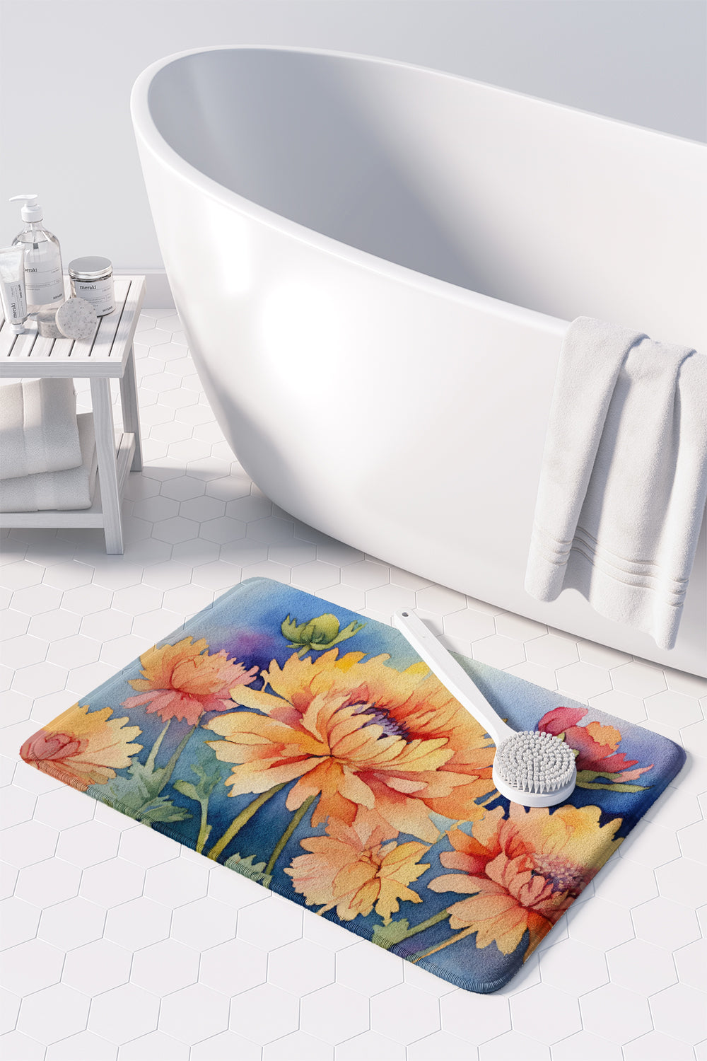 Chrysanthemums in Watercolor Memory Foam Kitchen Mat