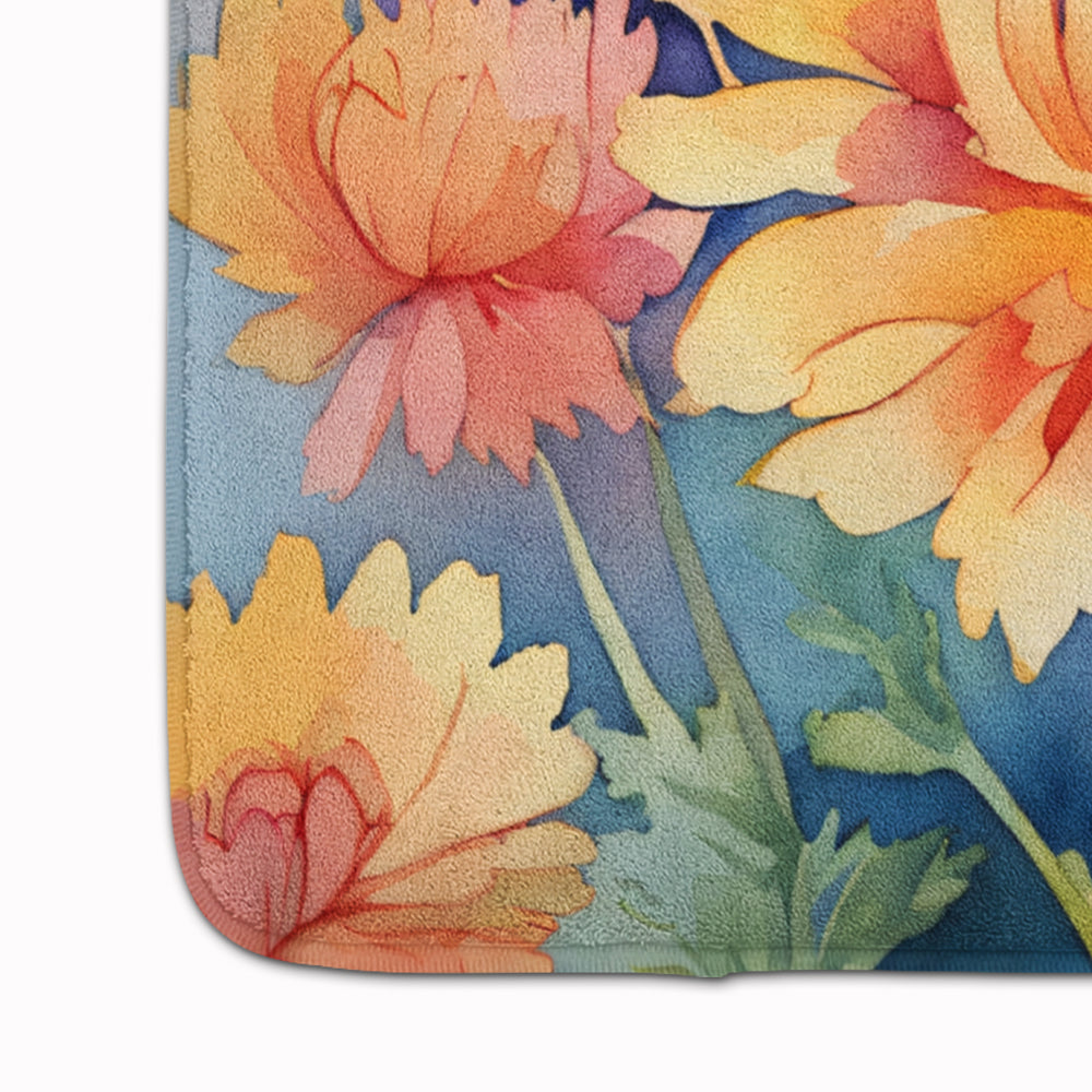 Chrysanthemums in Watercolor Memory Foam Kitchen Mat