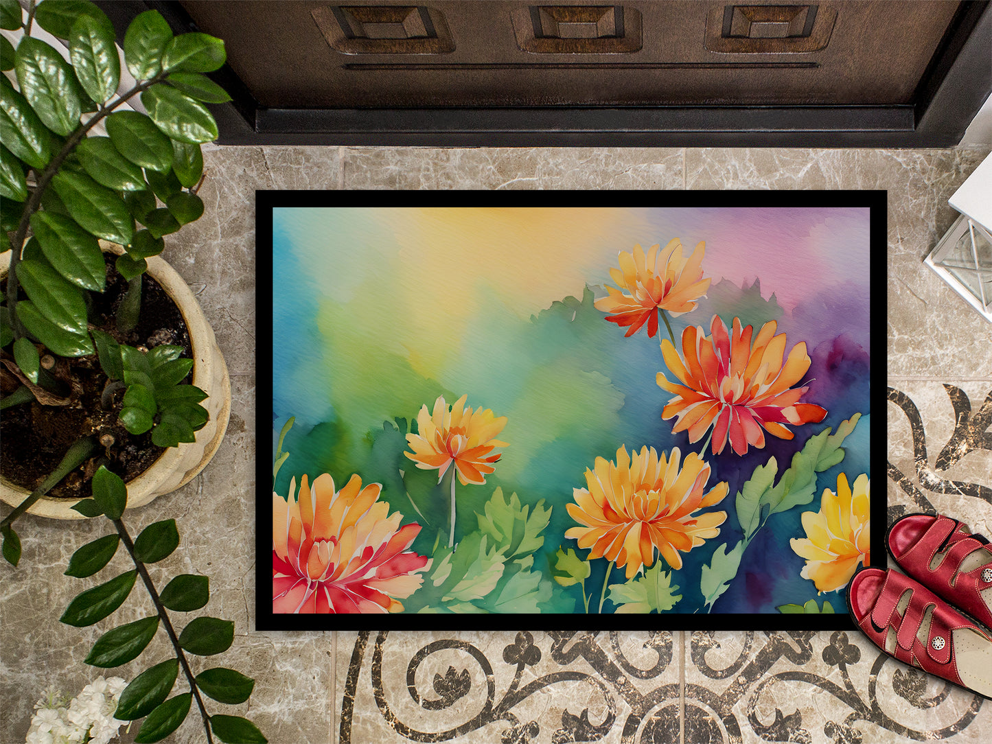 Chrysanthemums in Watercolor Doormat