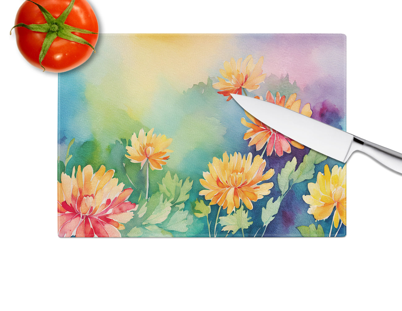 Chrysanthemums in Watercolor Glass Cutting Board