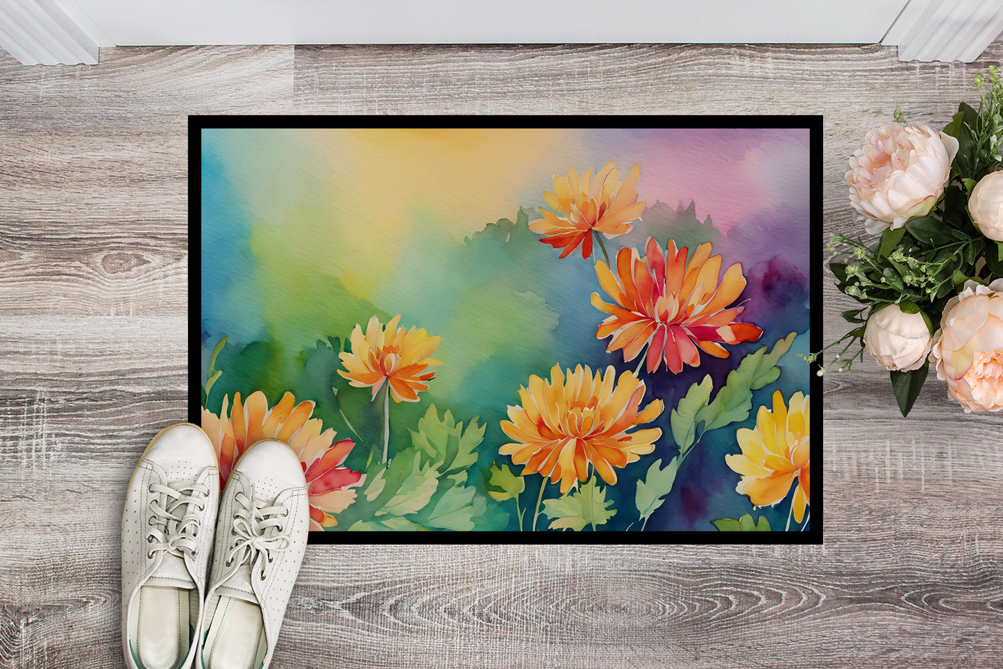 Chrysanthemums in Watercolor Doormat