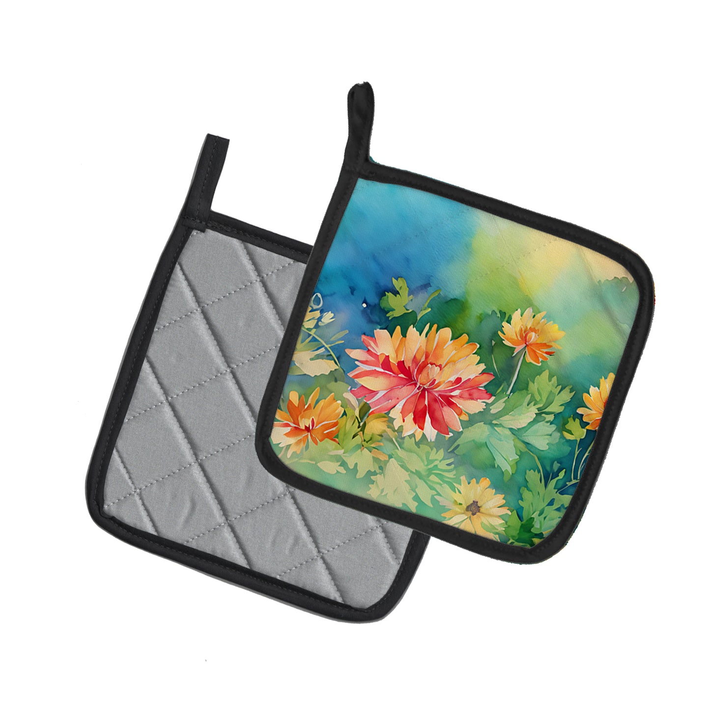 Chrysanthemums in Watercolor Pair of Pot Holders