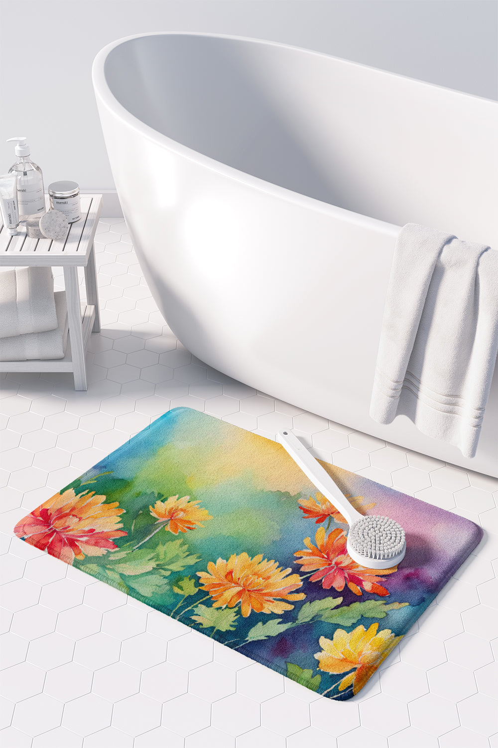 Chrysanthemums in Watercolor Memory Foam Kitchen Mat