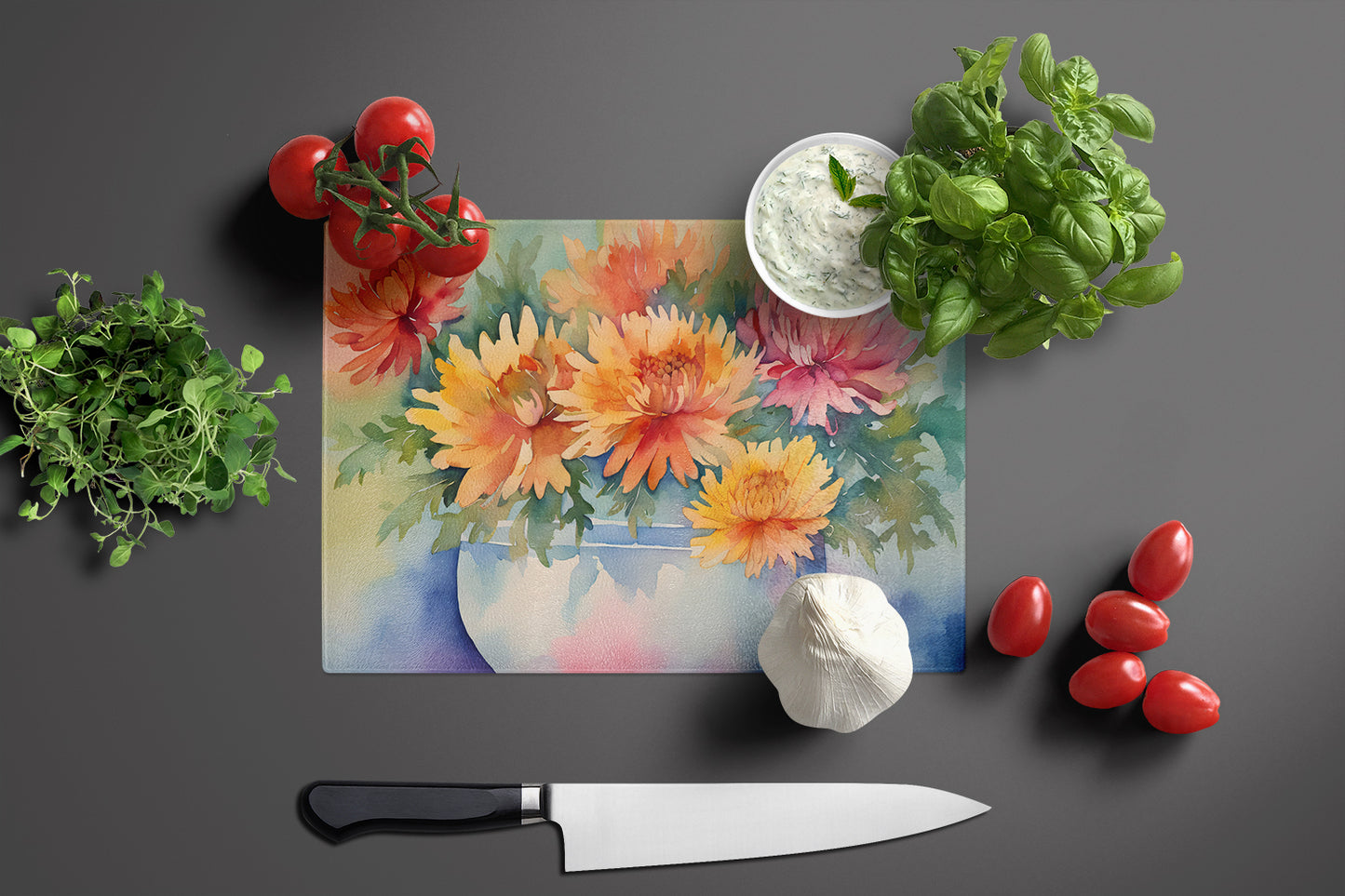 Chrysanthemums in Watercolor Glass Cutting Board