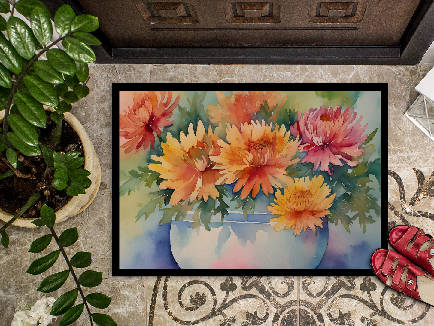 Chrysanthemums in Watercolor Doormat