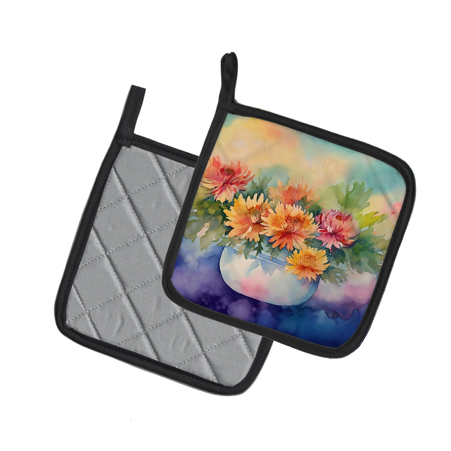 Chrysanthemums in Watercolor Pair of Pot Holders