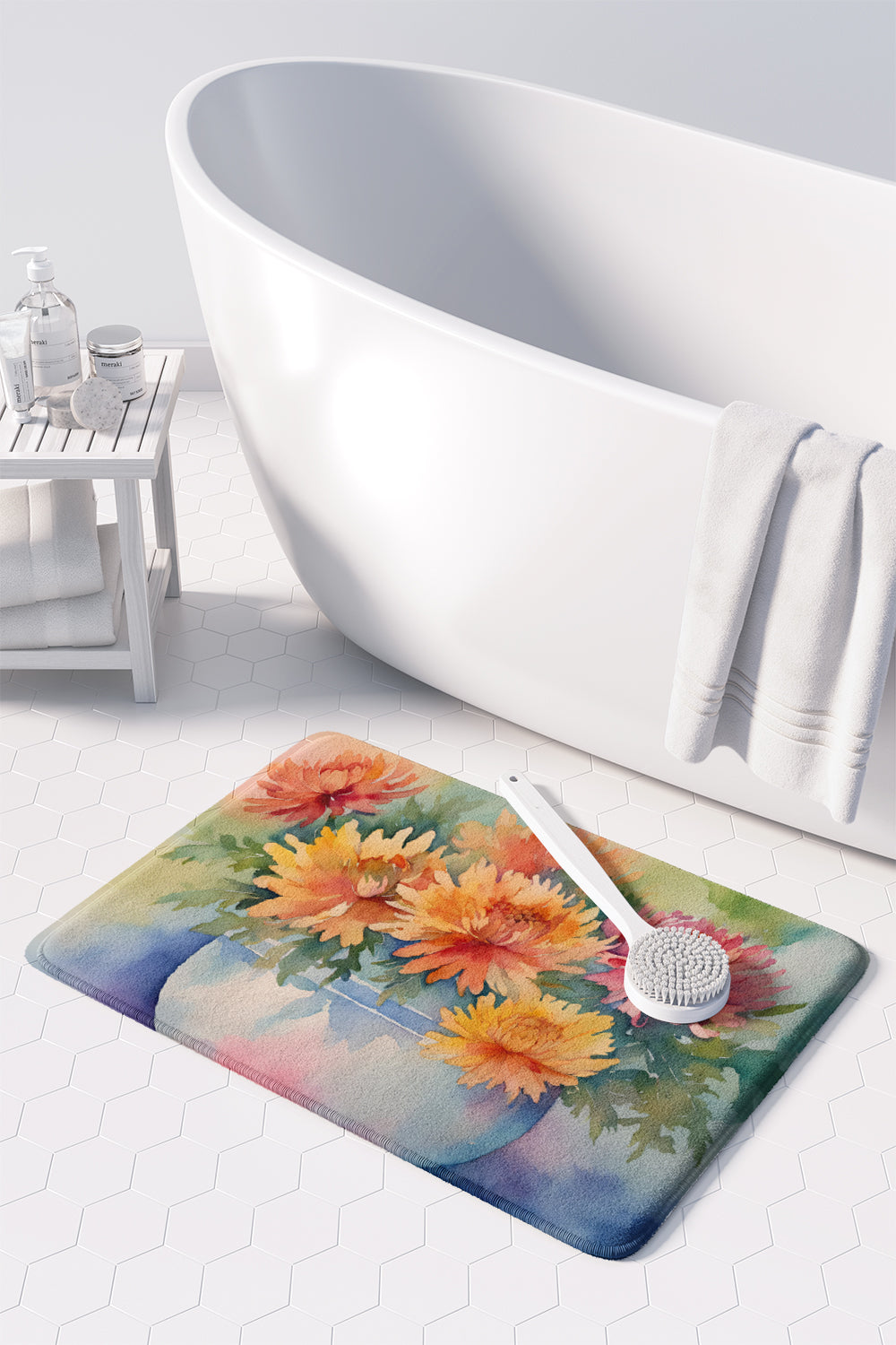 Chrysanthemums in Watercolor Memory Foam Kitchen Mat