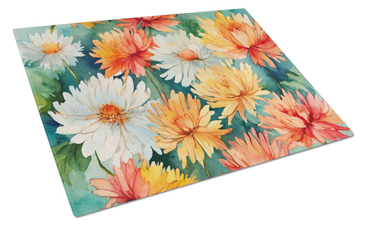 Buy this Chrysanthemums in Watercolor Glass Cutting Board