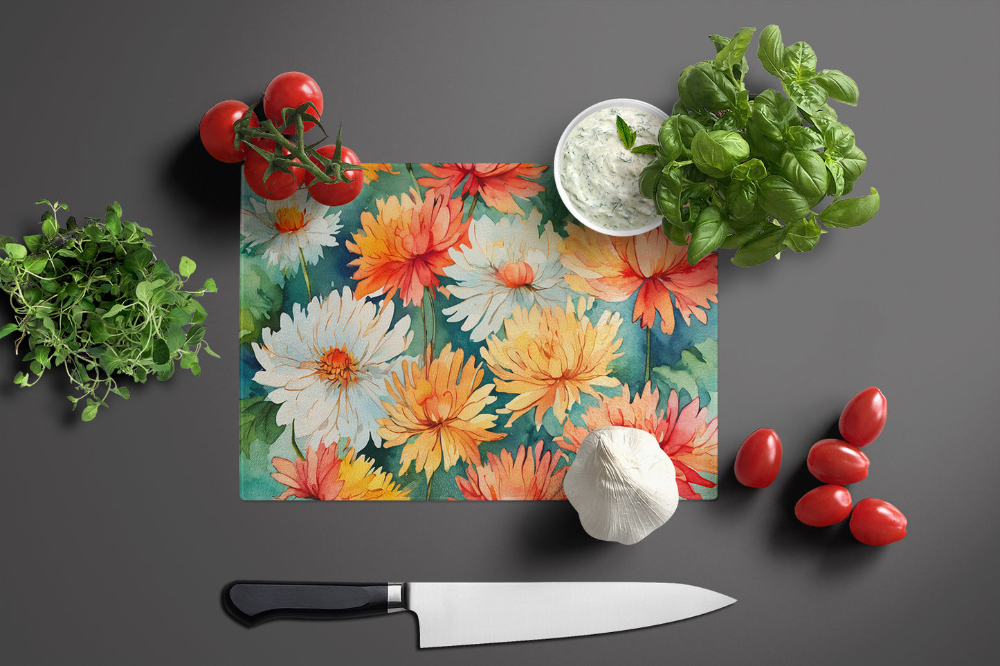 Chrysanthemums in Watercolor Glass Cutting Board