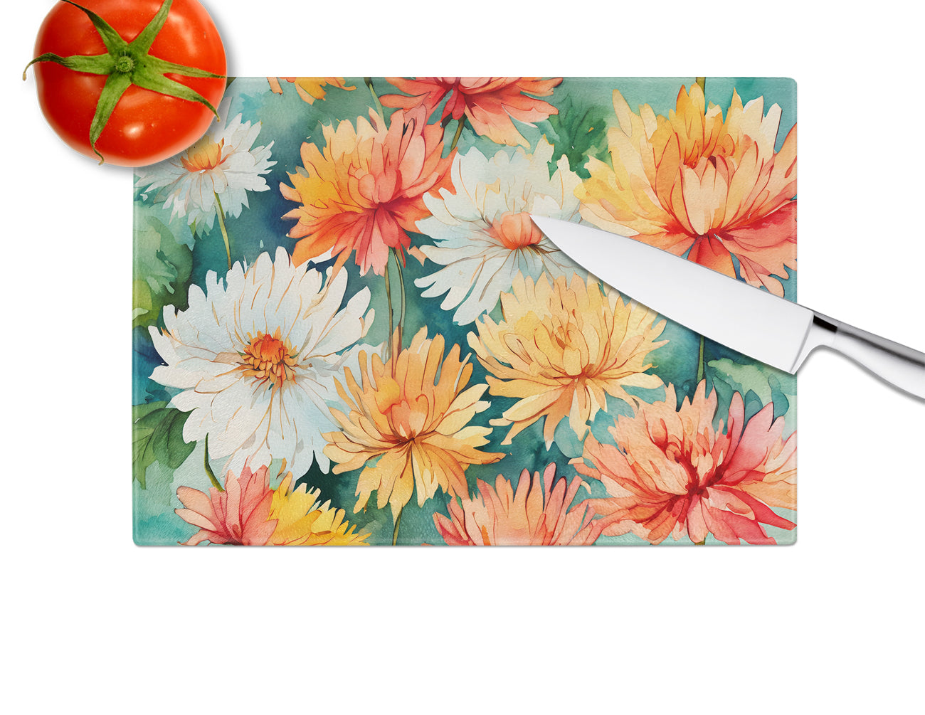 Chrysanthemums in Watercolor Glass Cutting Board