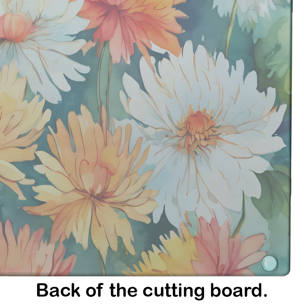 Chrysanthemums in Watercolor Glass Cutting Board