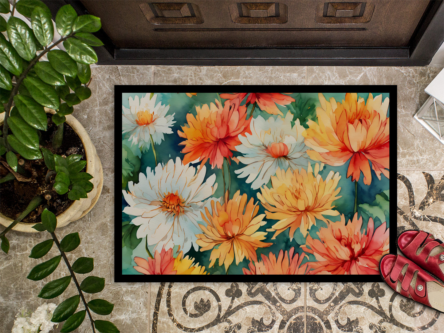 Chrysanthemums in Watercolor Doormat