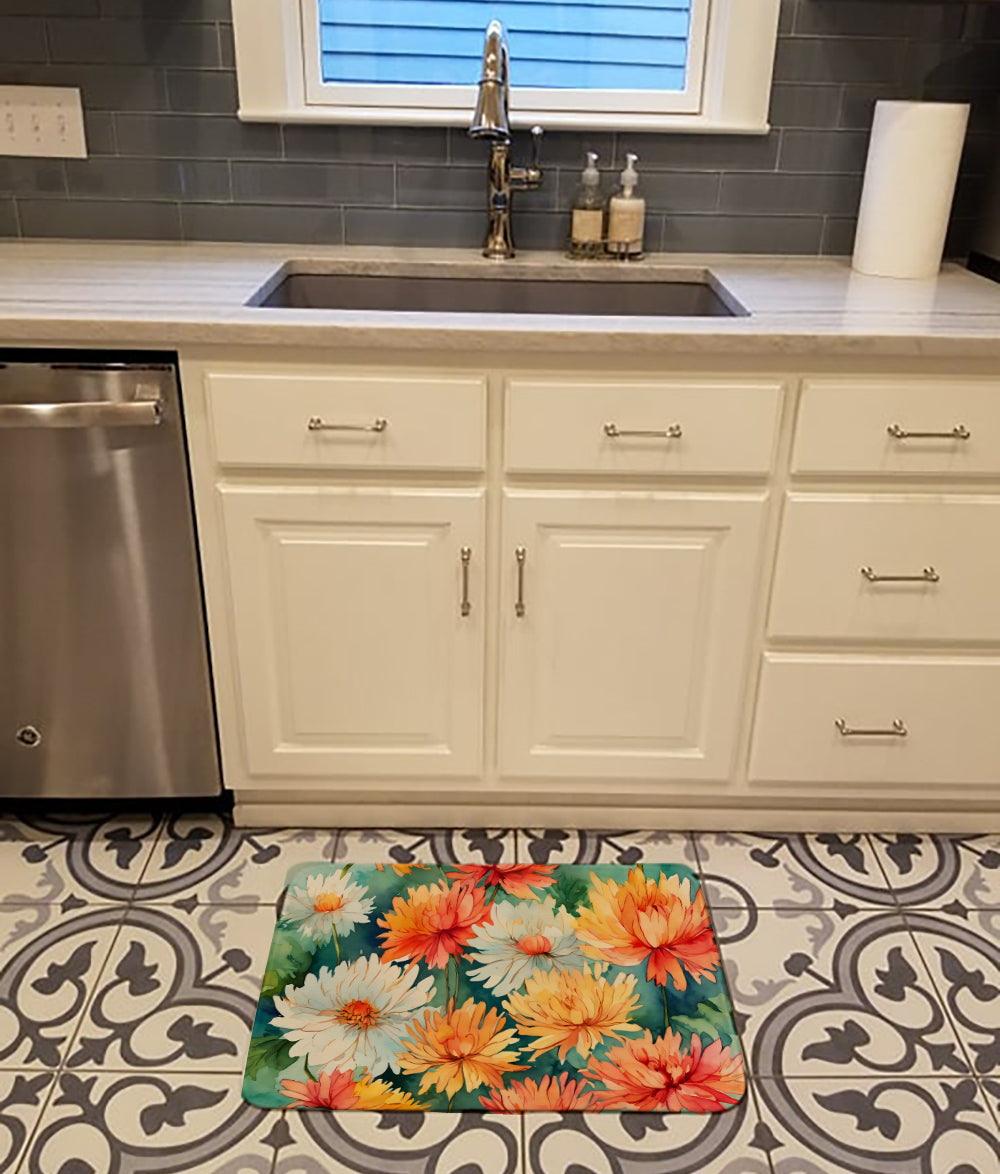 Chrysanthemums in Watercolor Memory Foam Kitchen Mat