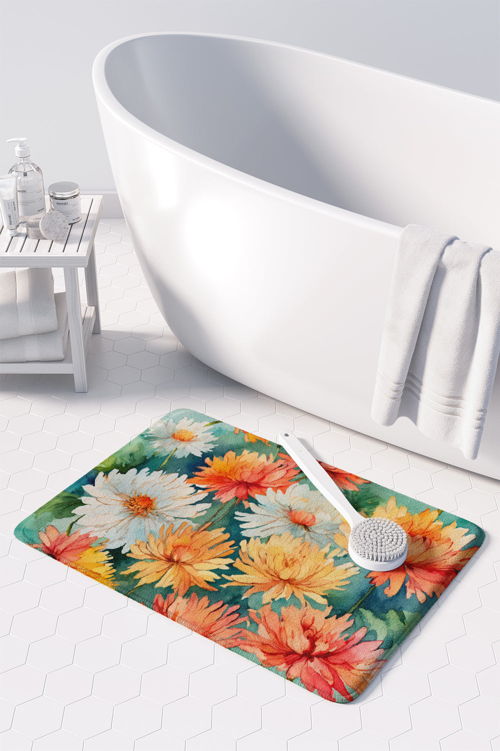 Chrysanthemums in Watercolor Memory Foam Kitchen Mat