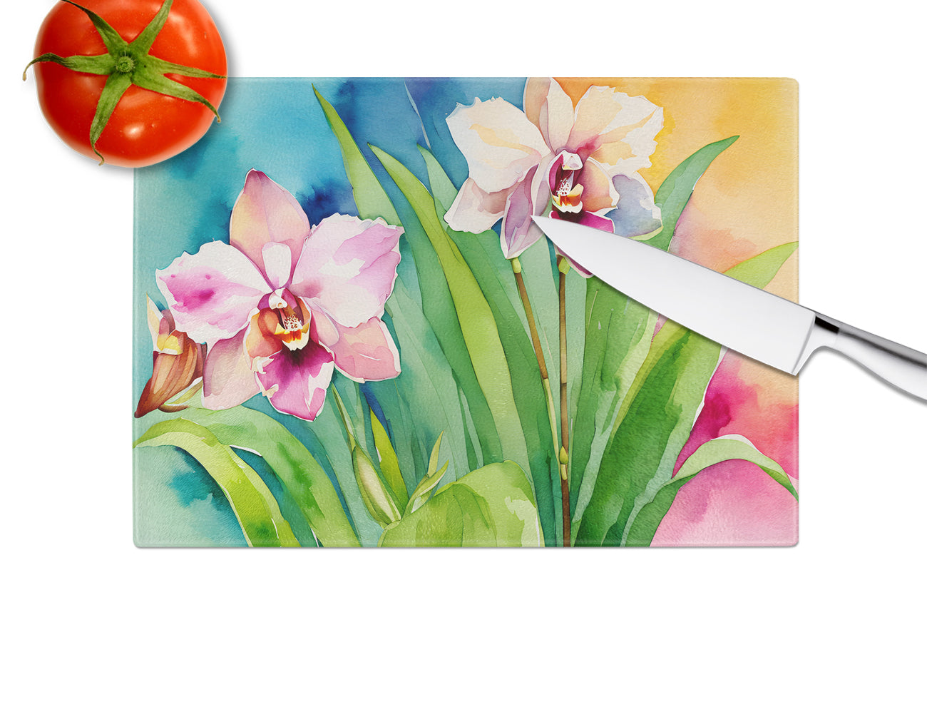 Orchids in Watercolor Glass Cutting Board