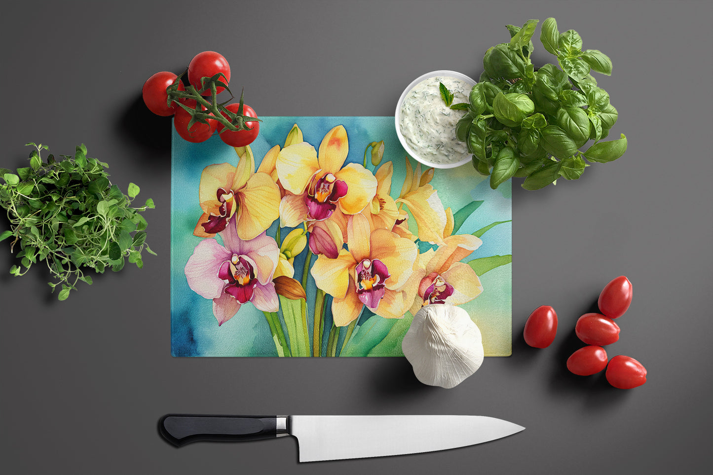 Orchids in Watercolor Glass Cutting Board